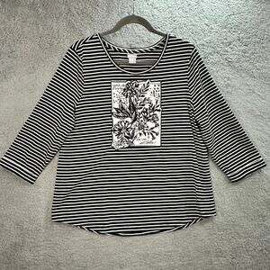 Chico's Size 2 Top Black White Striped Embroidered Floral Design Joie De Vivre